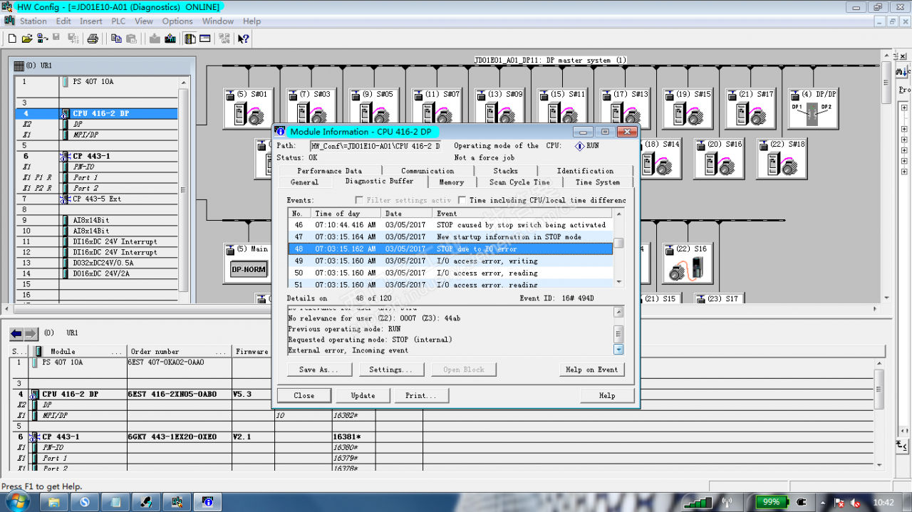 cpu416-2运行过程中突然停机