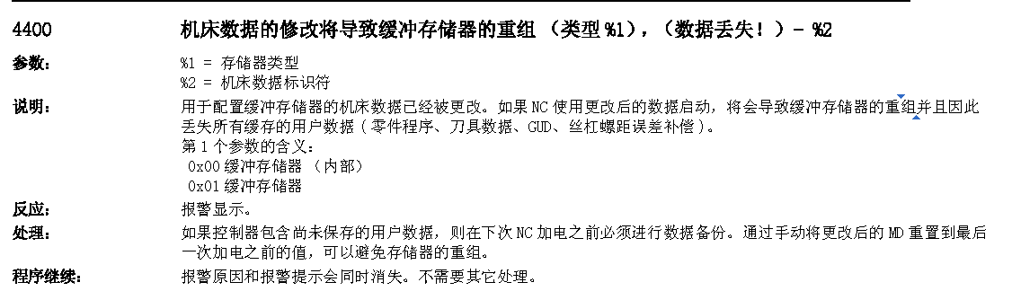 4400 机床数据的修改将导致缓冲存储器的重组（类型%1），（数据丢失！）- %2