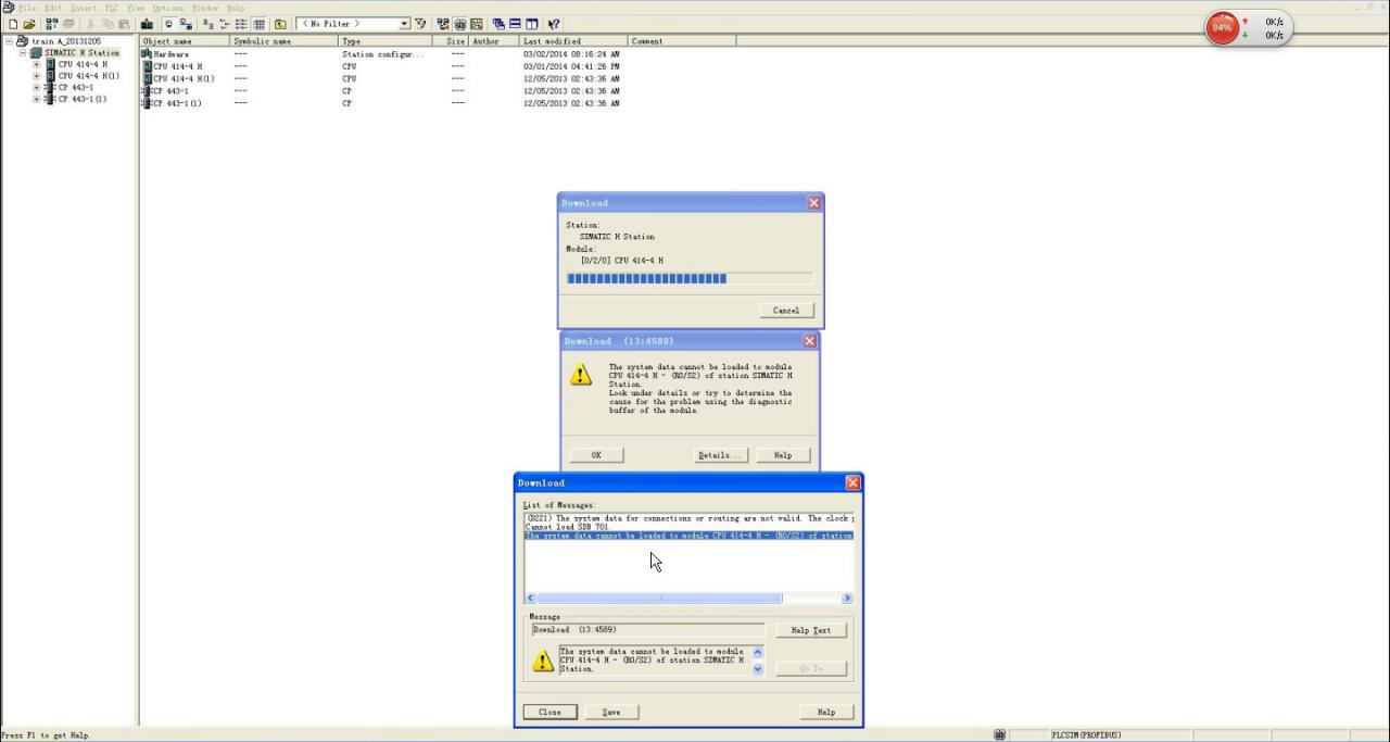 CPU414-4H程序下载到S7-PLCSIM时出错。