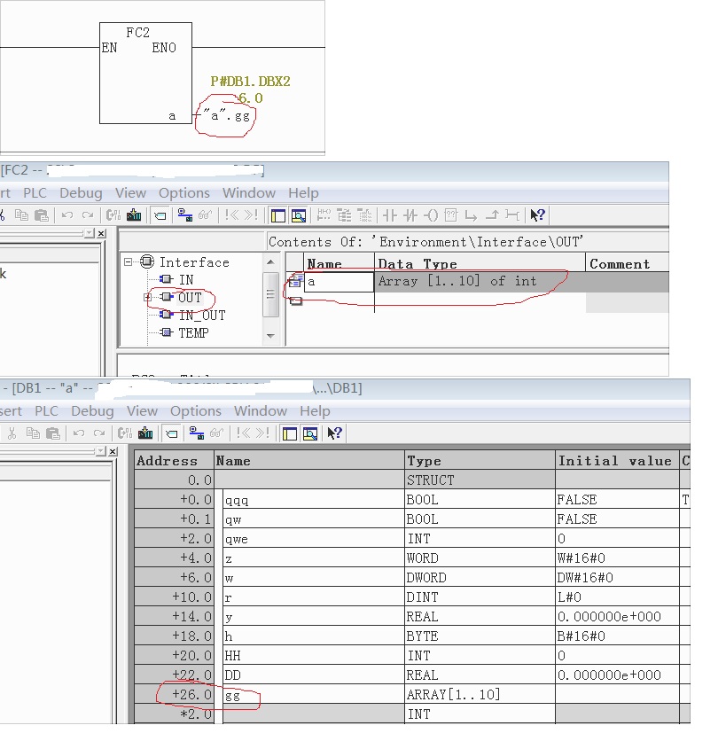 DB块中数组变量在梯形图FC块输出上地址该怎么表示？