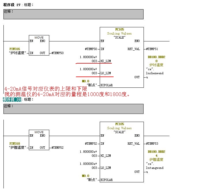 温度信号经数显表转换成标准4-20ma后对应S7中的的量程