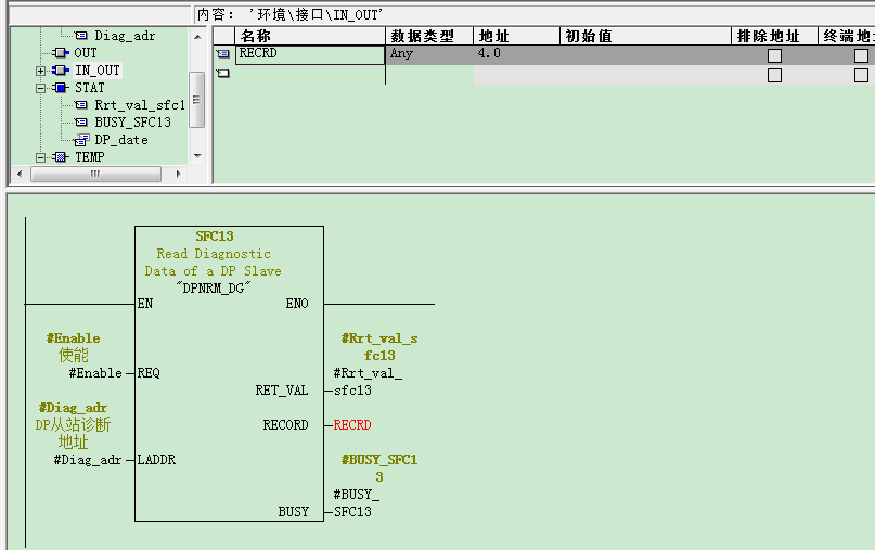 在FB中调用SFC13，为管脚RECORD配置形式参数出现问题？