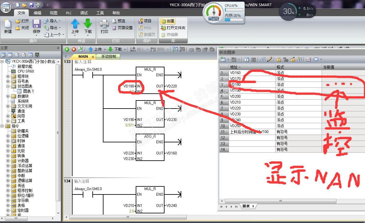 smart 700 ie 向plc  vd180写入小数，plc监控时vd180显示NAN