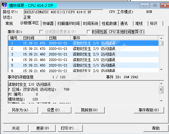 模块 CPU 414-2 DP 的诊断缓冲区报读取时发生 I/O 访问错误