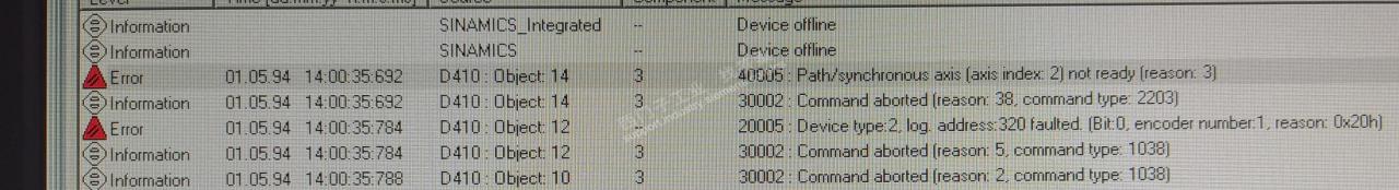 object12报警20005，device type2,log. address320faulted(bit:0,encoder number:1,reason:0x20h)