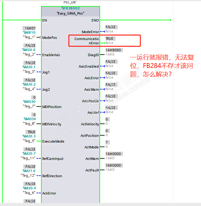 V90 走111报文，FB38002一运行就报通讯故障，无法复位