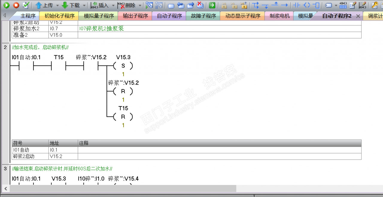 V15.2在“自动子程序2”程序块里置位了V15.3后马上就复位了V15.2，在“输出子程序”程序块里V15.2能接通吗？