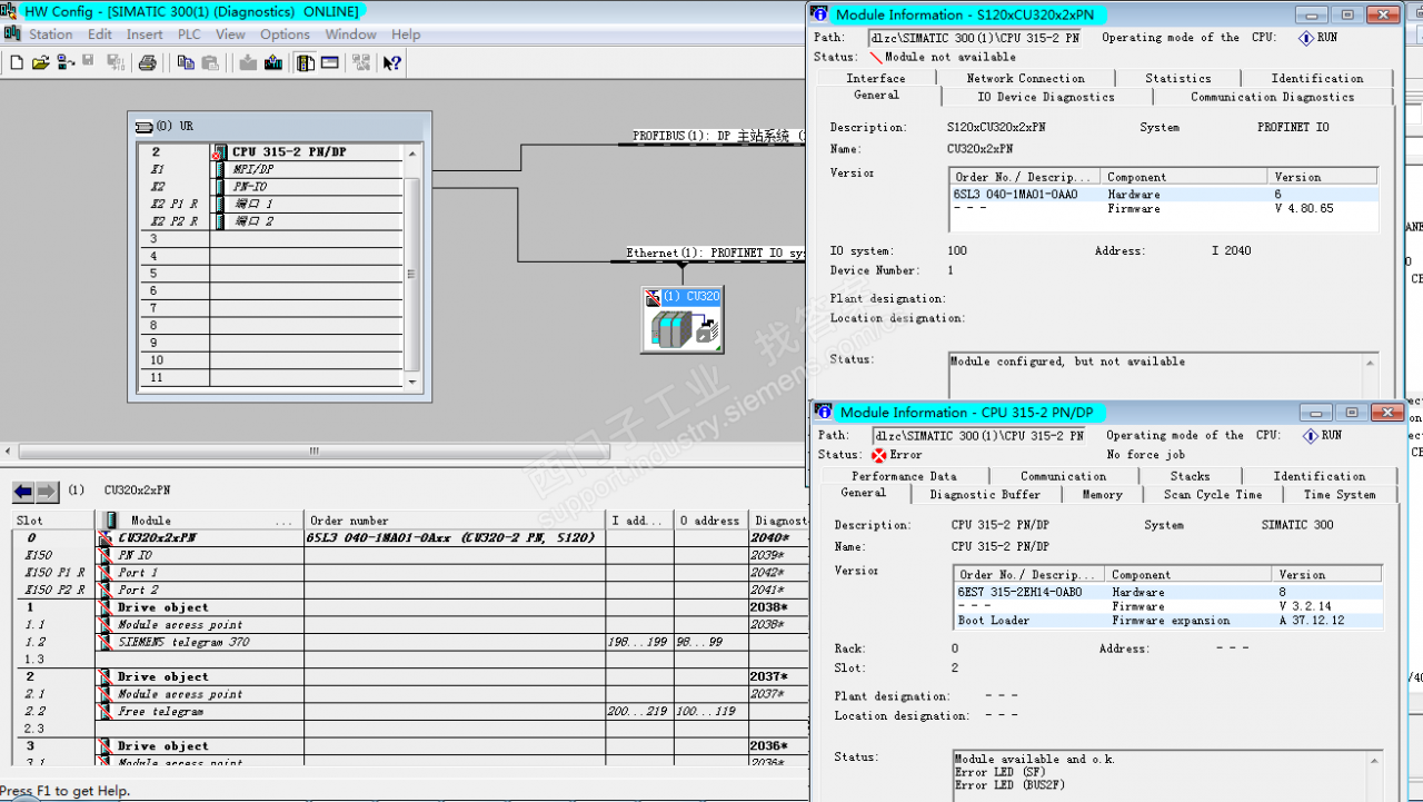CU320-2PN和315-2PN/DP通讯不上，硬件组态里都是红色的斜线，CU320显示Module configured, but not available