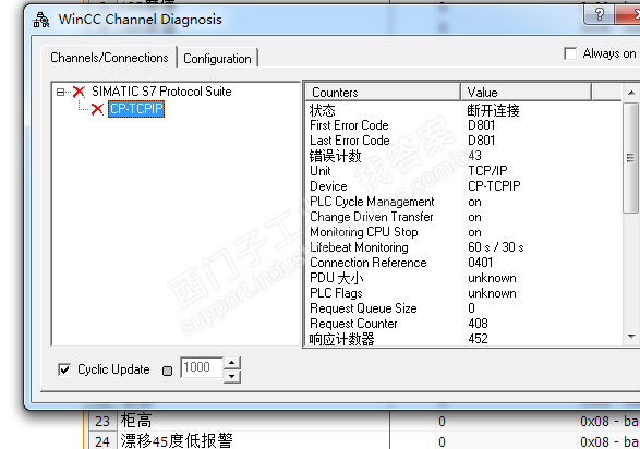 wincc通道检测错误D801