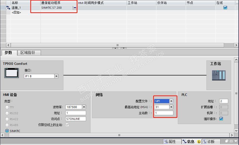 西门子S7-200 CPU226 ，屏TP700通讯线的连接方式